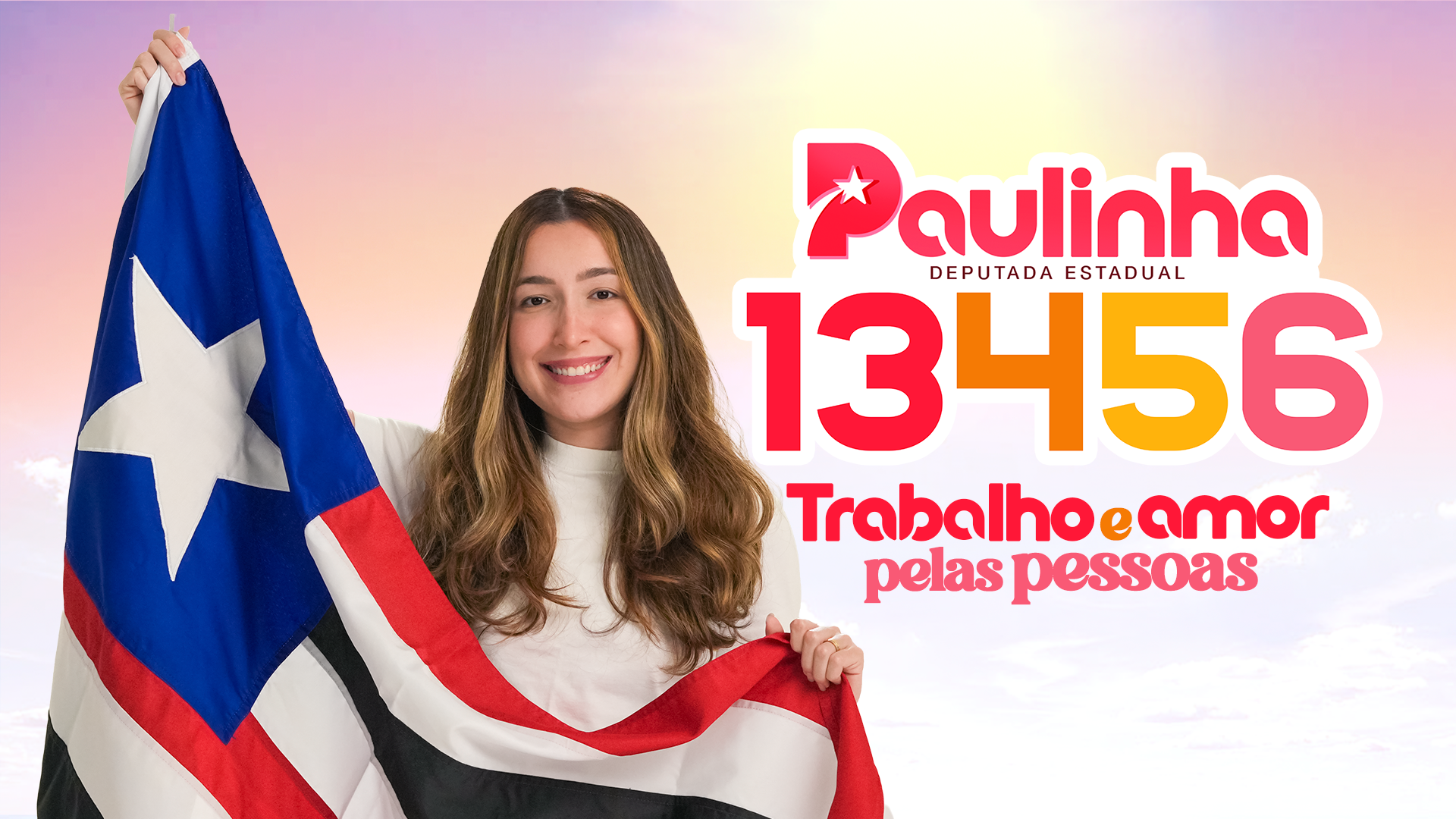 Paulinha Matos, candidata a Deputada Estadual, com a bandeira do Maranhão — Trabalho e amor pelas pessoas, 13456
